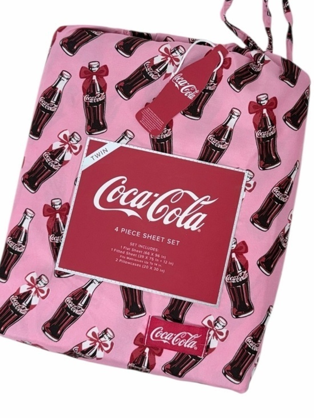 Coca Cola Pink bows Bottle Print Twin Sheet‎ Set 4 Piece Bedding Set Coke New